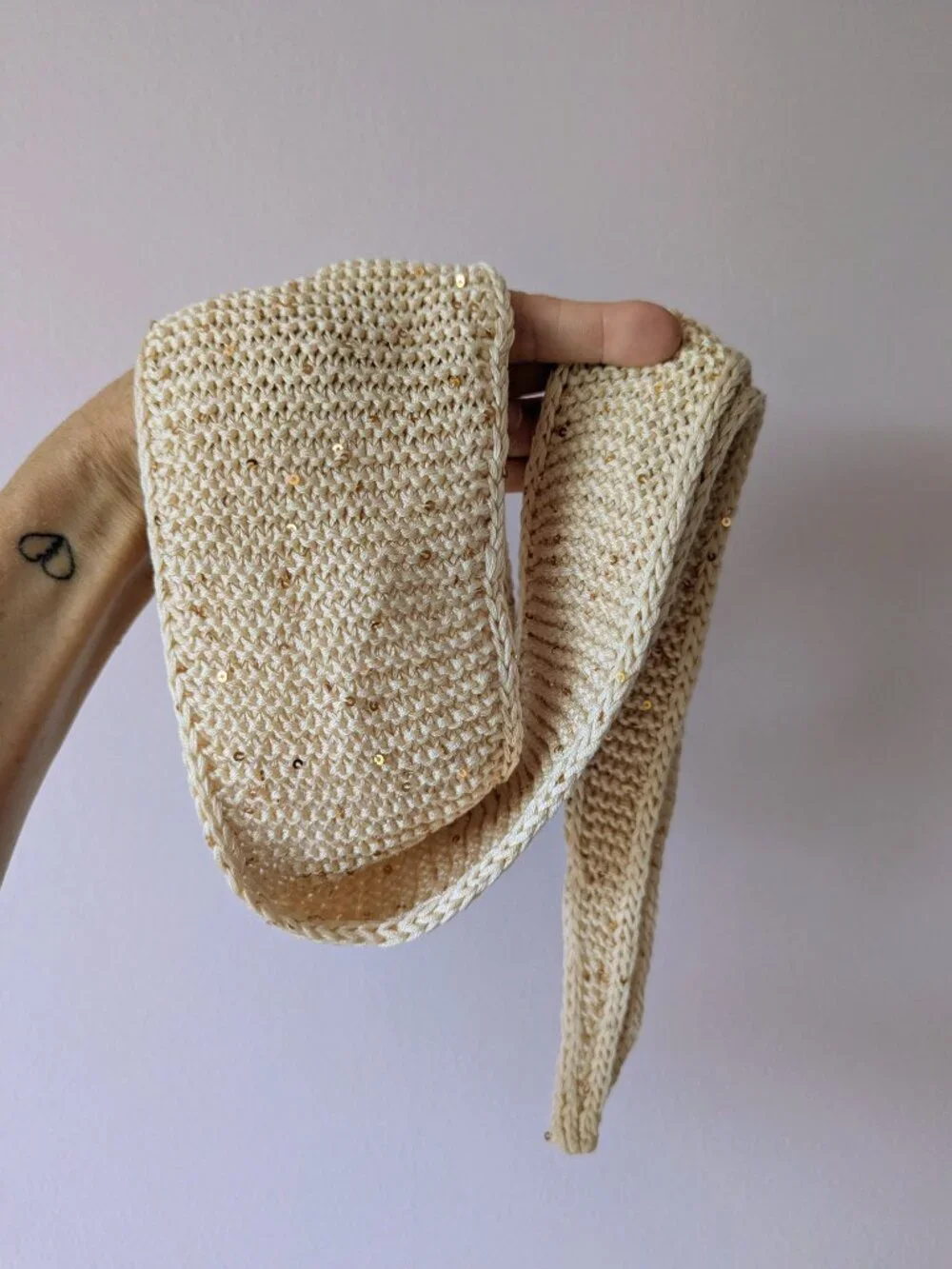 Handmade Sophie Scarf Linen Sequin Neck Tie Minimalist OS Ivory Gold